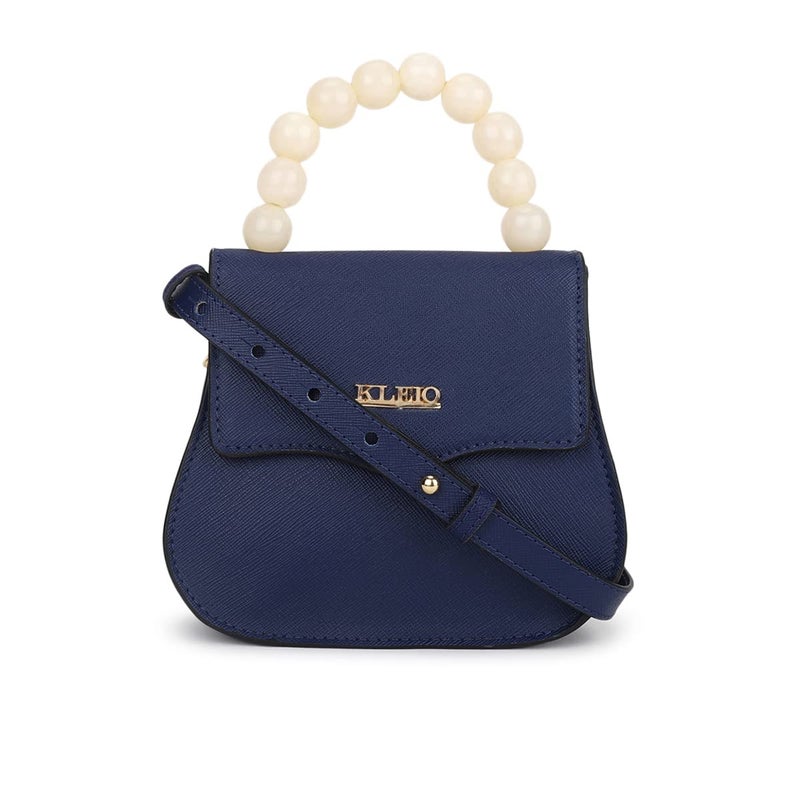 KLEIO Textured Leather Mini Handbag for Women - Royal Blue with Beaded Handle - Image 5
